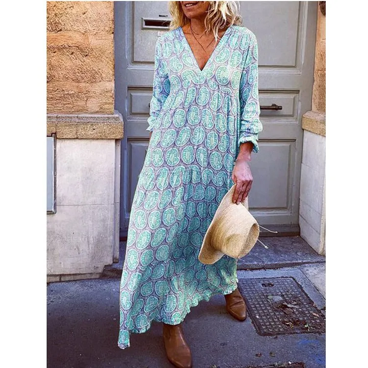 Женское платье макси с длинным рукавом Boho Пляжное цветочным принтом на осень