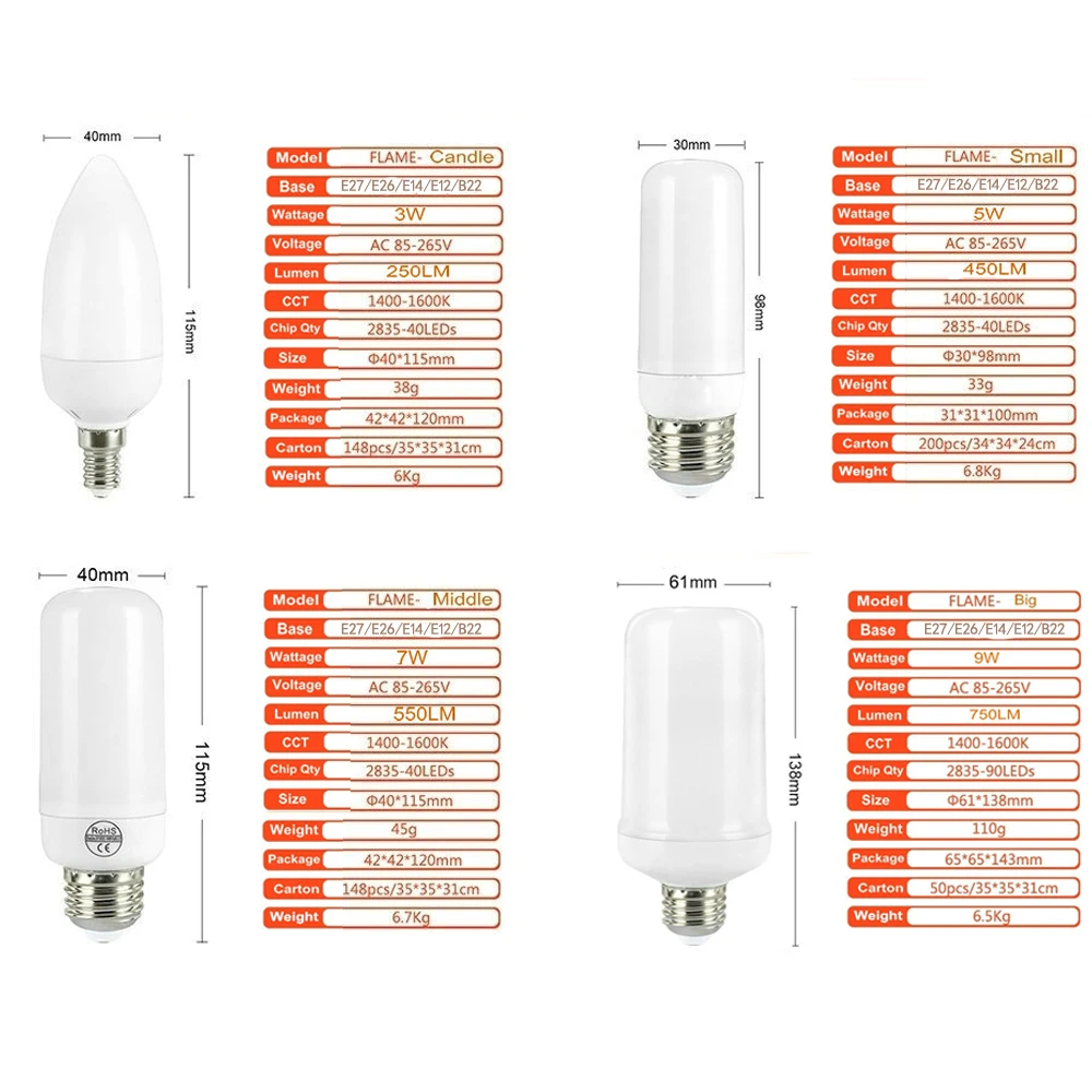 E27 E26 2835SMD светодиодный светильник с эффектом пламени, светильник 3 Вт, 5 Вт, 7 Вт, 9 Вт, мерцающий светильник с эффектом пламени s 1900 K-2200 K AC85-265V