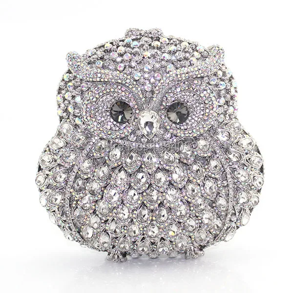 

Handmade metal owl shaped crystal rhinestone party evening clutch bag