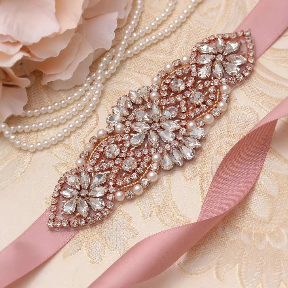 yanstar Bridal Belt Pearls Rhinestones Wedding Rose Gold Crystal Sash For Party Gown XY852 | Свадьбы и торжества