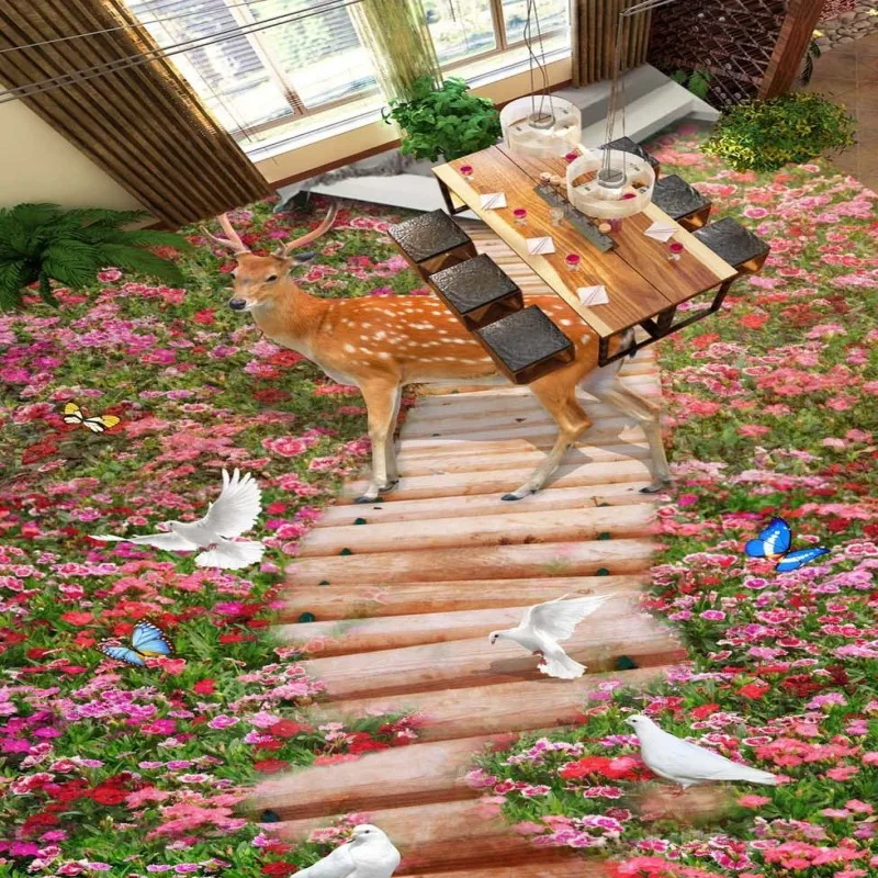 

Free Shipping Beautiful Wonderland flowers 3D floor painting stereo moisture-proof high-quality bathroom mural wallpaper