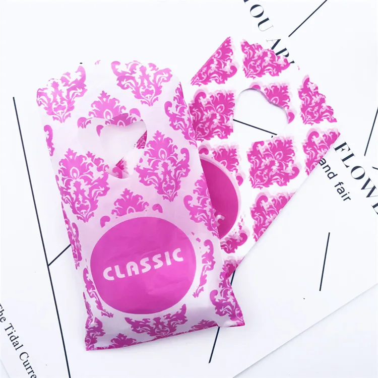 Hot Pink Flower Милые мини-19 видов стилей, 50 шт./лот, маленькие пластиковые сумки с ручками, 9x15 см, вечерние подарочные сумки для конфет, упаковки ювелирных изделий с ручками - Цвет: Hot Pink Flower