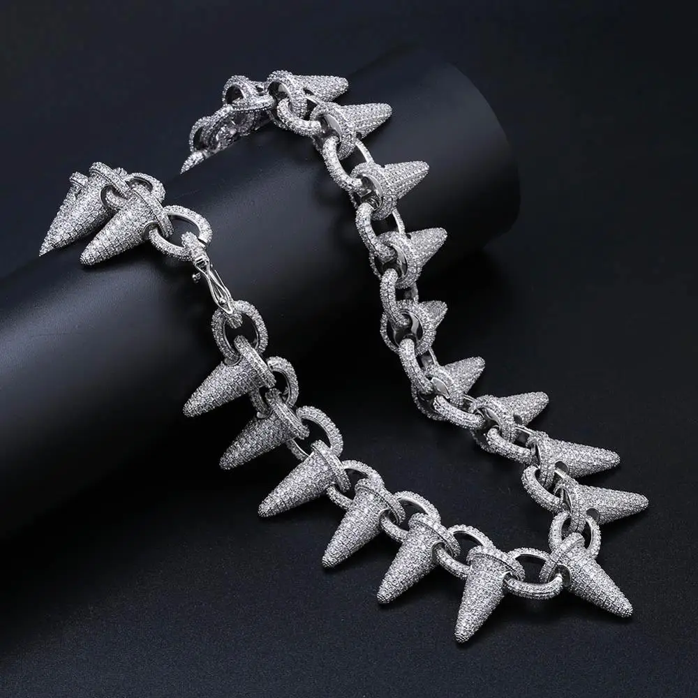 Silver Роскошные Тяжелые Панк мода рок Iced Out заклепочные шипы ожерелье с манжетами цепь Bling кубический циркон хип-хоп Золото Серебро подарки для мужчин - Окраска металла: Silver