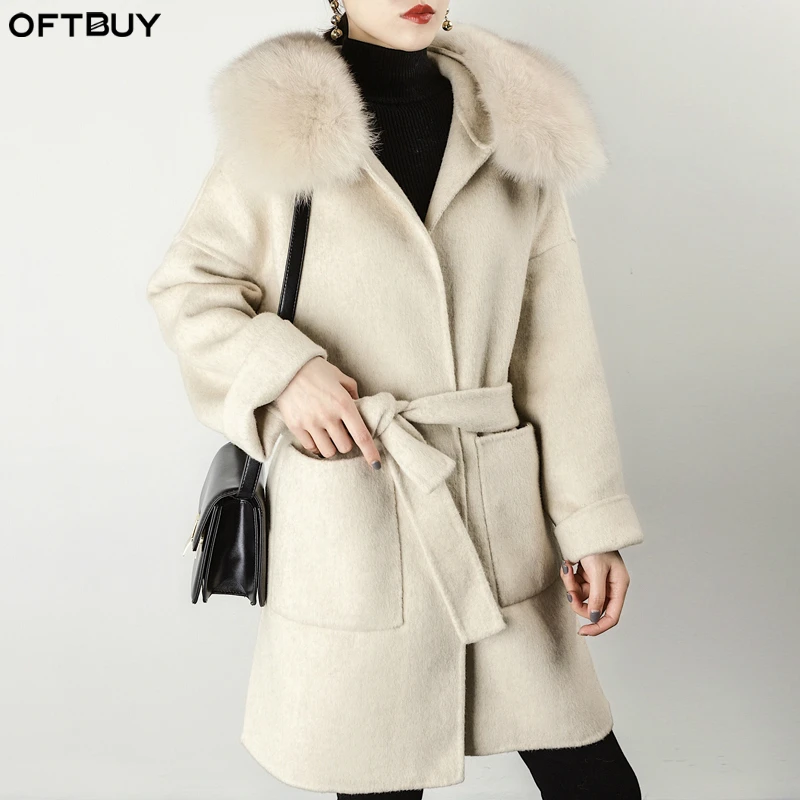 OFTBUY, весеннее пальто с натуральным мехом, зимняя куртка для женщин, Воротник из натурального Лисьего меха, кашемир, шерсть, длинные бежевые, серые карманы, пояс для девушек