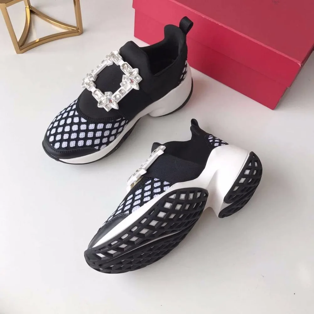 Hot Crystal Square Buckle Mesh Sneakers Women Genuine Leather Platform Thick bottom Flat Breathe Shoes Casual Shoes For Women