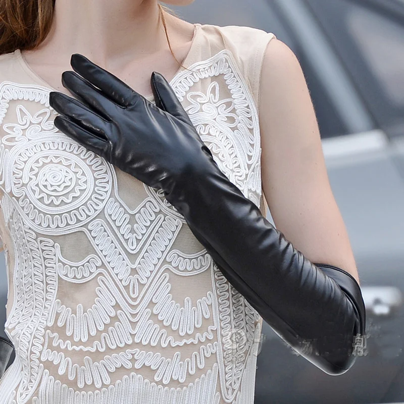 

Fashion Over Elbow Long 45cm Soft Genuine Leather Sheepskin Women Long Driving Catwalk Party Winter Full Finger Long Gloves S M