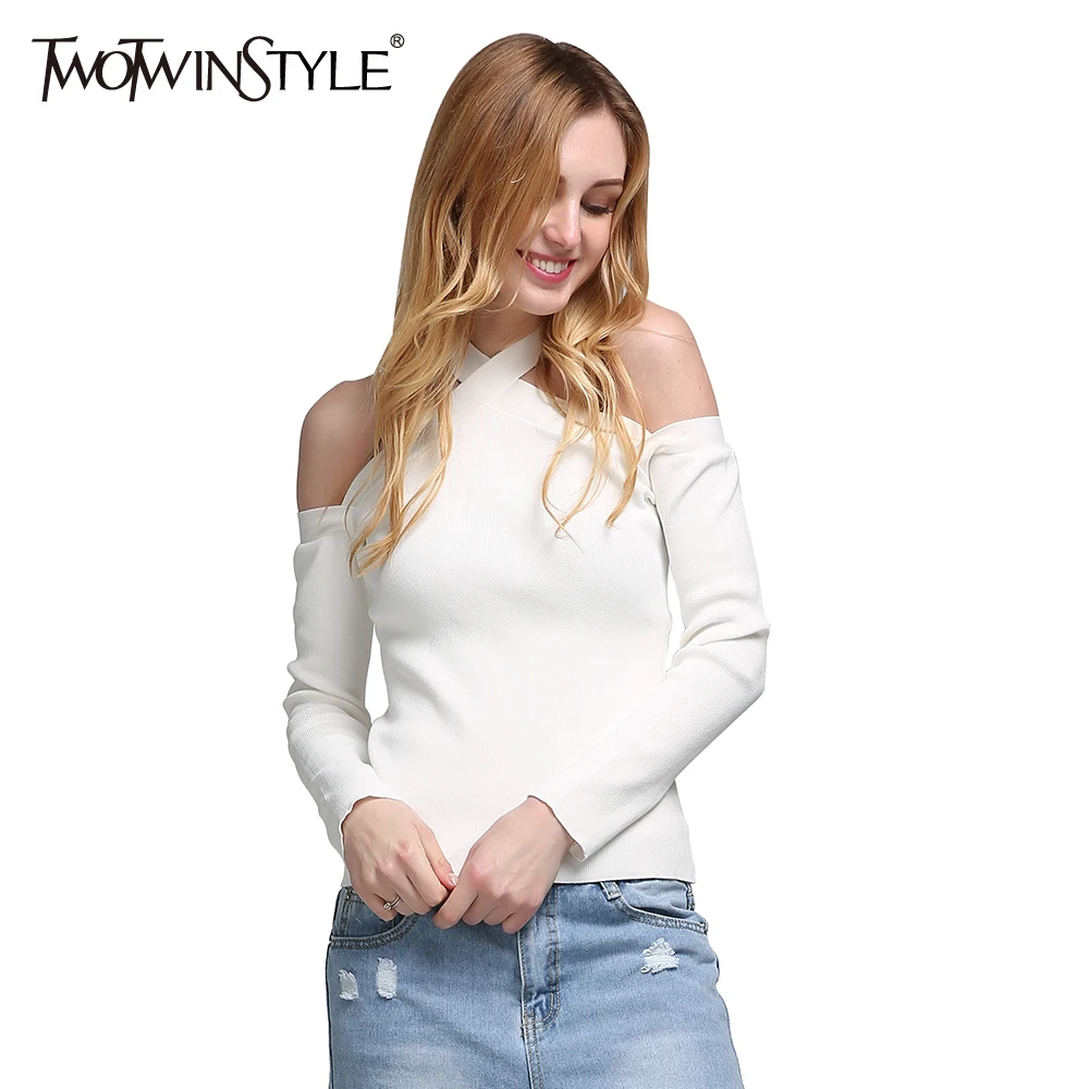 TWOTWINSTYLE, с открытыми плечами, сексуальная трикотажная женская футболка, Холтер, v-образный вырез, вязаные топы, с длинным рукавом, черная, белая одежда, Корейская