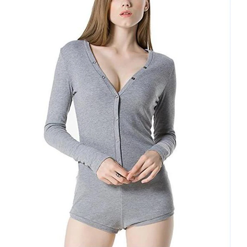 

Sexy bodysuit women jumpsuit Deep v-neck button Rompers long-sleeved warm bodycon tight shorts