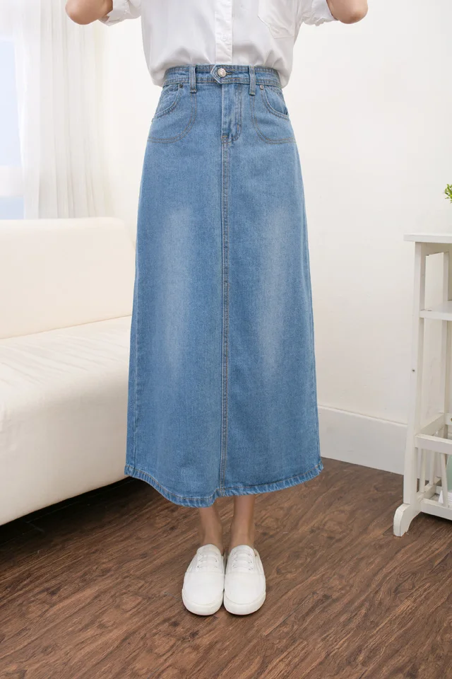 Women Lady Denim Skirt High Waist Long Big Swing Slim Elegant Pocket Blue | Женская одежда