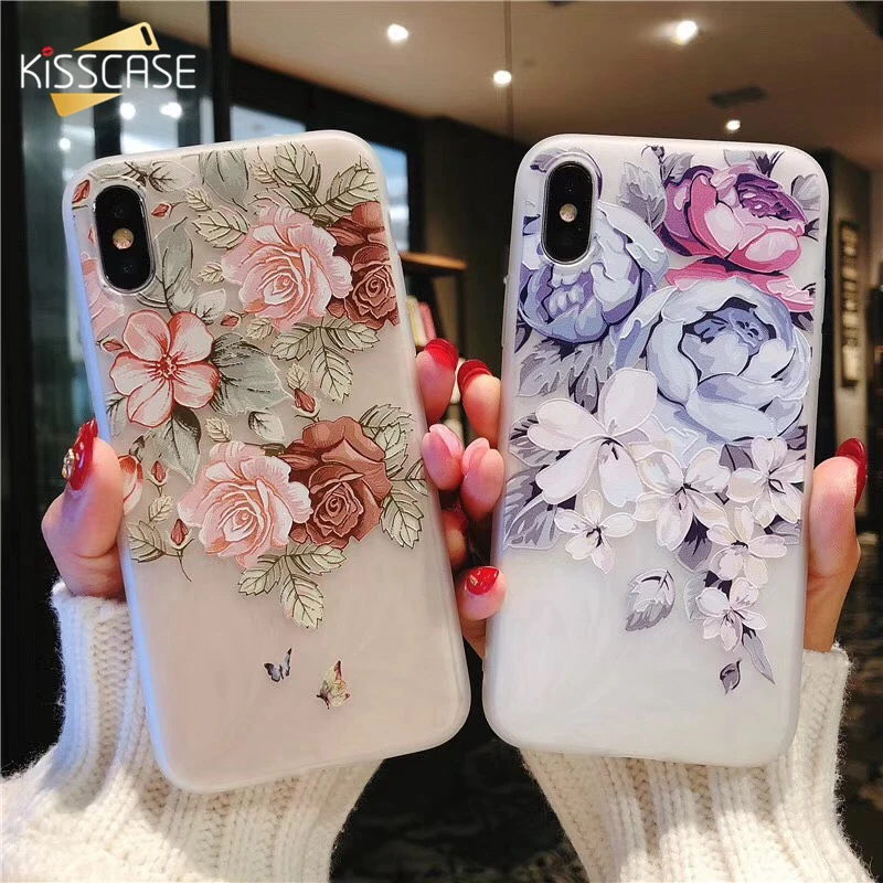 KISSCASE Мягкий силиконовый чехол для iPhone 7 8 X XS XR 3D рельефный с цветами Apple Plus