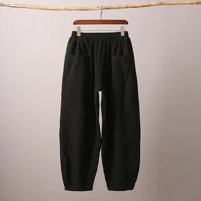 black New women big size ramie trousers winter cotton linen wide pants cotton padded warm bottom top quality clothes for women - Цвет: black