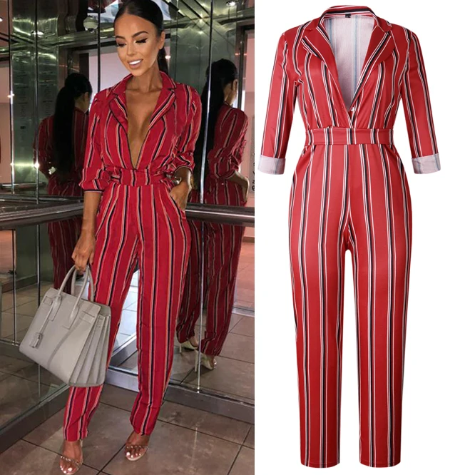 TEXIWAS Spring Autumn Stripe Long pants Jumpsuit women party Rompers Harlan Overalls Sexy Elegant Bodycon Jumpsuits streetwear | Женская