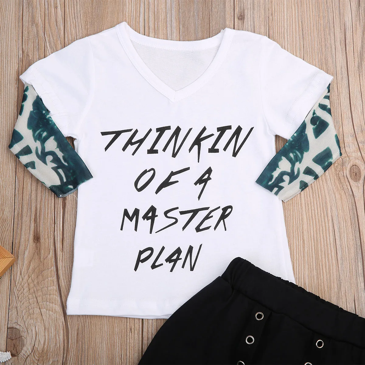 2 piece Baby Infant Toddler Boys Clothing Outfits Set Letters Tattoo Sleeve T shirt Thinkin of a master plan slogan set |