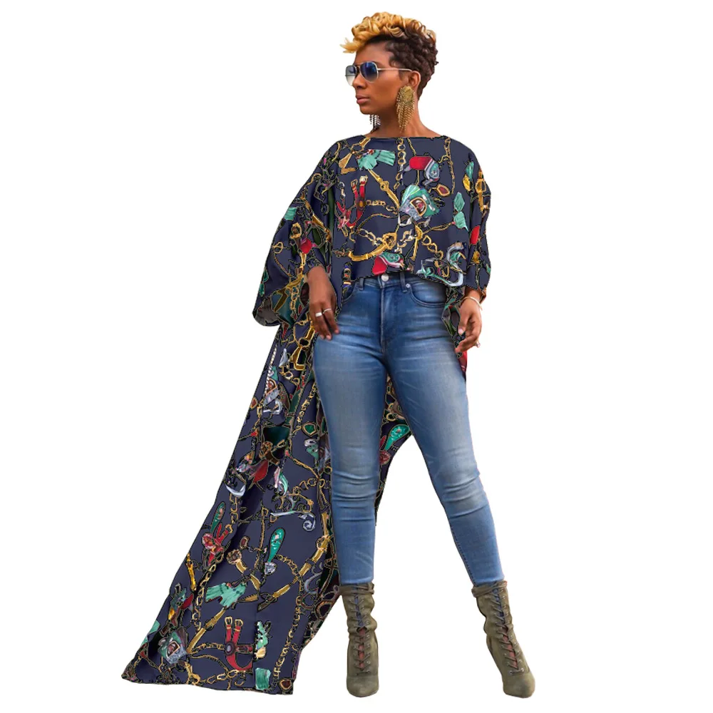 

INMOTENG Fashion Lady Chiffon Chain Vintage Printed Loose Long Top Summer New Woman O Neck Long Sleeve Front Short Back Long Tee