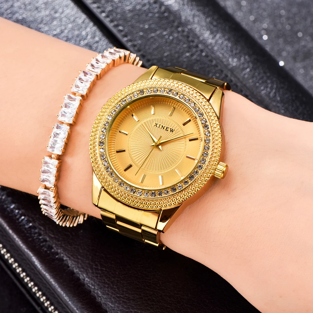 Мужские роскошные золотые кварцевые часы XINEW 1 шт./лот ремешок из нержавеющей