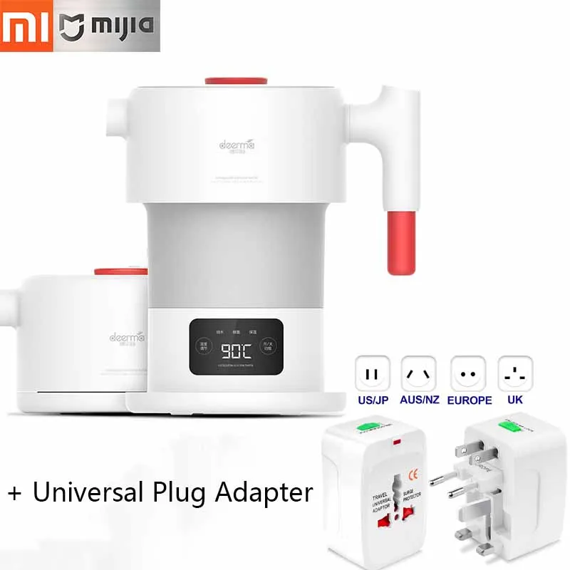 Add Adapter Deerma складной электрический чайник 0.6л, портативный чайник для воды, температурный дисплей, Smart Touch управление, изоляционный горшок - Цвет: Add Adapter