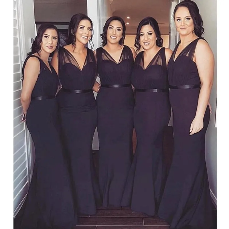 

Simple Mermaid Bridesmaid Dresses Long V-Neck Sleeveless Satin Maid Of The Honor Dress Custom Made Wedding Guest Gowns