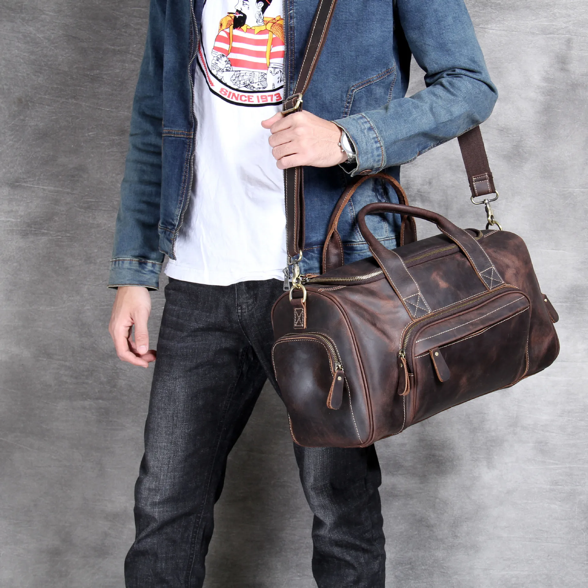 Men Handbags Shoulder Luggage Bag Crossbody Bags First Layer Cowhide New Retro Large Capacity Travel Crazy Horse Leather Male |