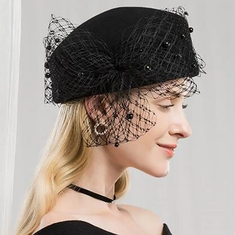 Black Wool Hat Вуалетки черные шерстяные Pillbox Свадебные шляпы для церкви женские элегантные красные женские церковные шляпы Зимние фетровые шляпы - Цвет: Black Wool Hat