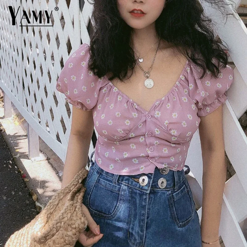 Лето 2019 Boho винтажные Женские топы и блузки на пуговицах женский укороченный топ с