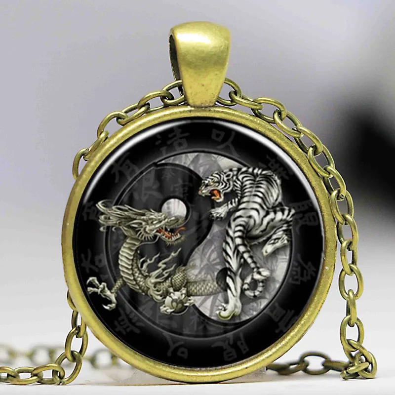 Новый Модный китайский стиль тайцзи Дракон Тигр Инь Янь ретро стеклянный кулон