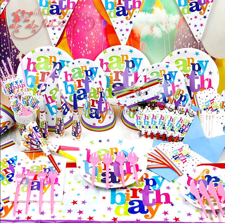 

Free Shipping 63pcs/lot White "Happy Birthday" Theme Baby Party Decoration Set/ Supplies For Kids 6 People Suitable