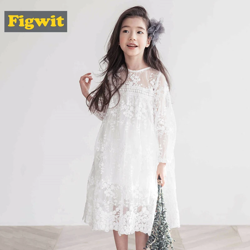 Figwit Teen Girls Lace Dress White Mesh Spring Autumn Flower Summer Kids Teenage Children Clothing for Age 4 6 10 13 Years | Детская