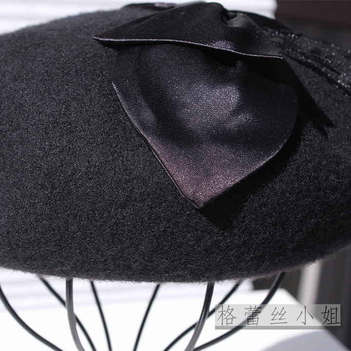 

Bowknot guaze thicken 100% wool beret female hat autumn and winter thermal vintage grace Painter's cap