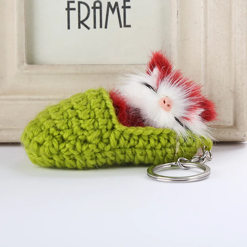 Fluffy Faux Bunny Fur Pompon Sleep Cat in Wool Slippers Keychains New Design Cute Pompom Key Ring Bag Pom Ball keyring Women | Украшения и - Фото №1