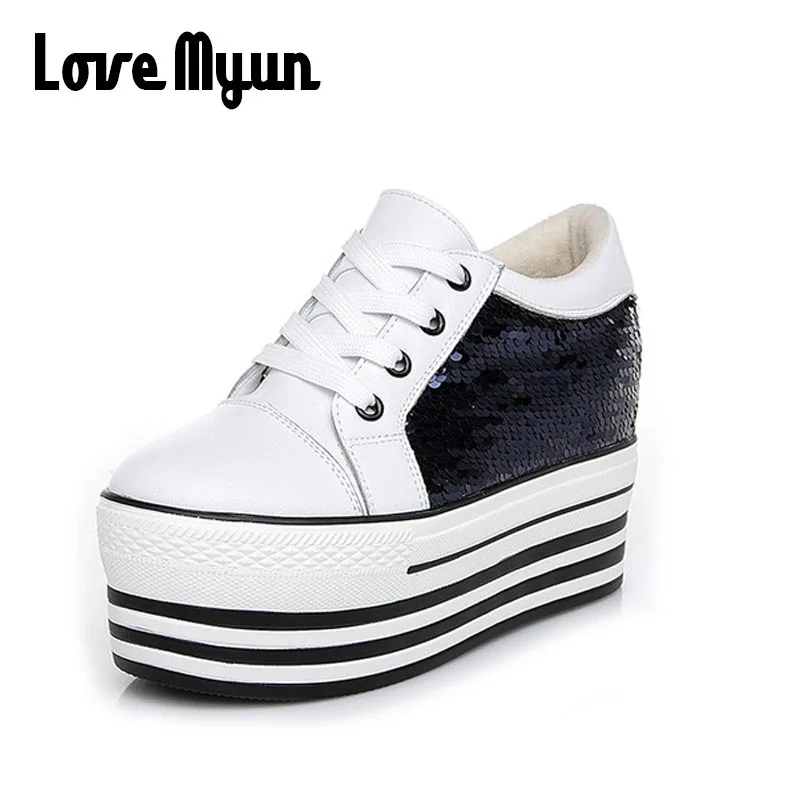 

Women Bling Breathable height increasing platform wedge white shoes Fashion girl Sneakers Casual leather PU Flats Shoes VV-93