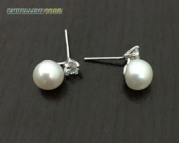 white Очаровательные серьги-гвоздики из натурального пресноводного жемчуга, 8 мм, хорошее ювелирное изделие, серебро 925 пробы, цирконий, белый, черный, фиолетовый, коричневый, синий - Окраска металла: white