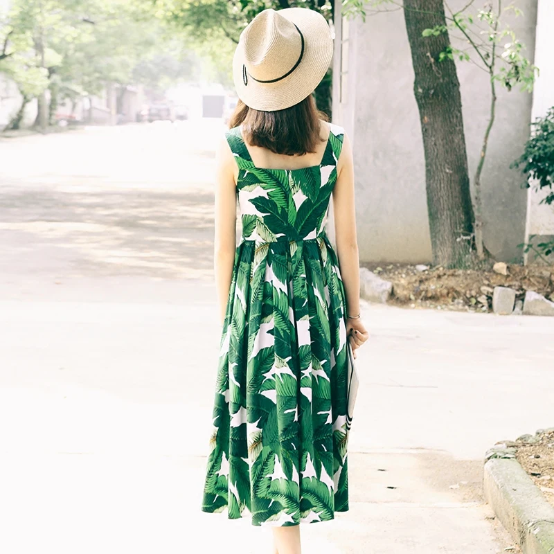 35 женское винтажное платье 50 s зеленый пальмовый узор в виде банановых листьев на