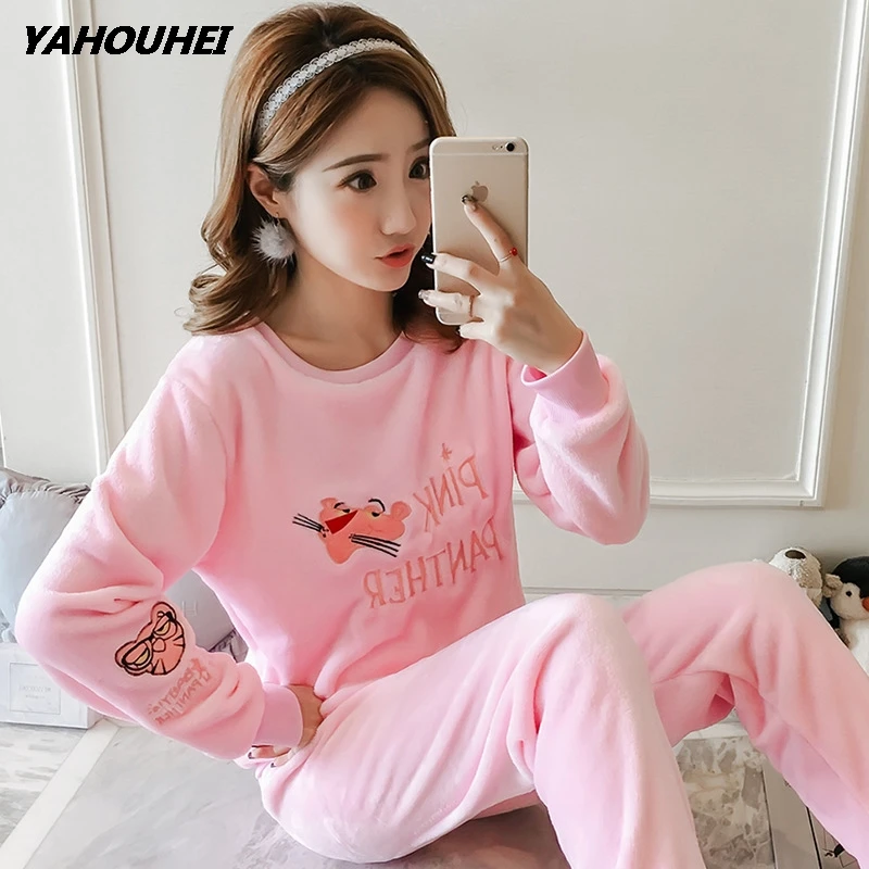fenhongbaoRong pink Повседневные фланелевые женские пижамные комплекты осень-зима, Мультяшные теплые пижамные комплекты, домашняя одежда, Топы+ штаны, одежда для сна, женская пижама - Цвет: fenhongbaoRong pink