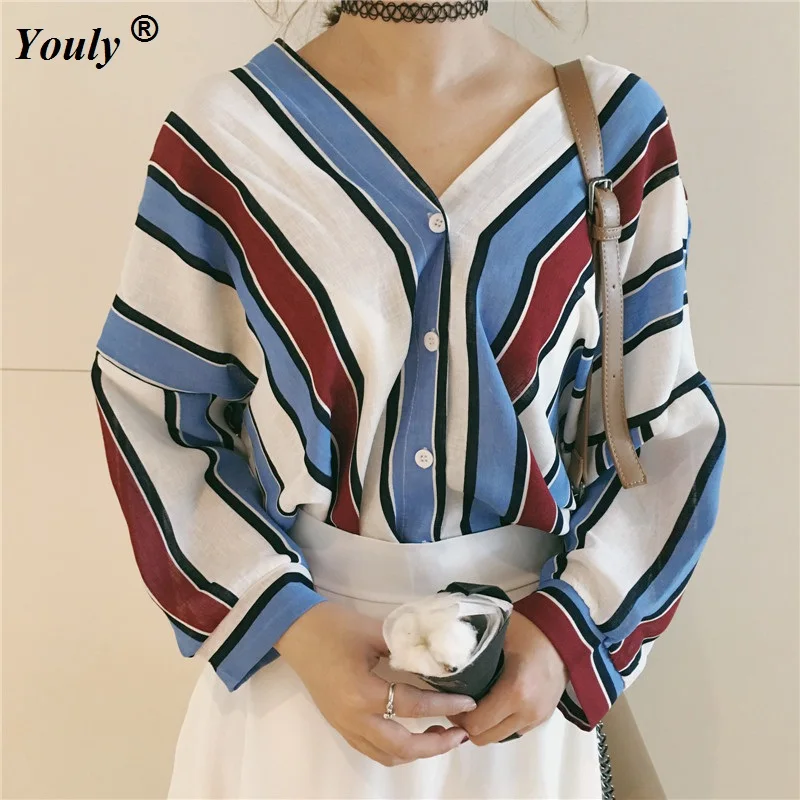 Casual Women Blouse Shirts Three Quarter Sleeve Loose Striped V-Neck Korea Bats Blouse Shirt Sexy Blue Red Yellow And Green Tops