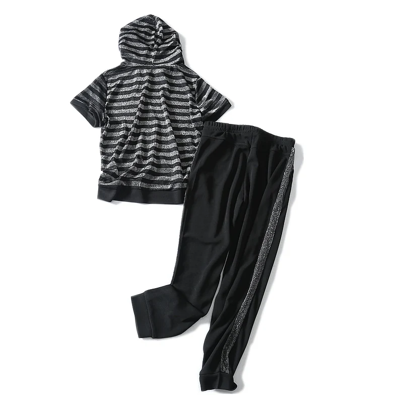 2019 New Summer Short Sleeve Casual Pullover Hooded Collar Elastic Waist Fashion Striped Length Women Set | Женская одежда