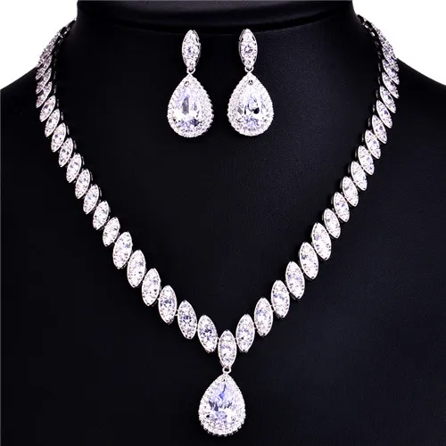 Белый 925 Sterling Silver Platinum Plate Luxury Diamond Women Wedding Jewelry Set Red/Green/Blue/White CZ Drop Earring Choker Necklace - Цвет камня: Белый