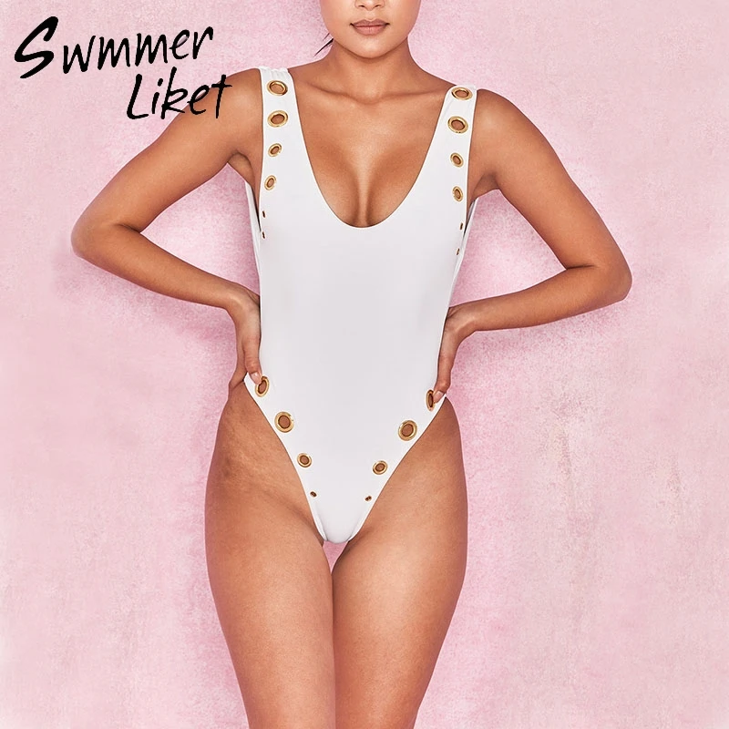 Спортивный белый 1 купальник купальный костюм женщины с высокими плавками 2018 Push up