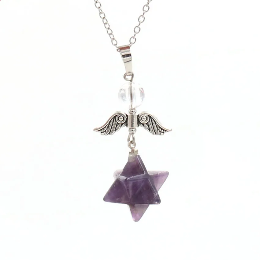 

YJXP Silver Plated Natural Purple Amethysts Pendant Angel Wing Necklace with Round Bead Jewelry