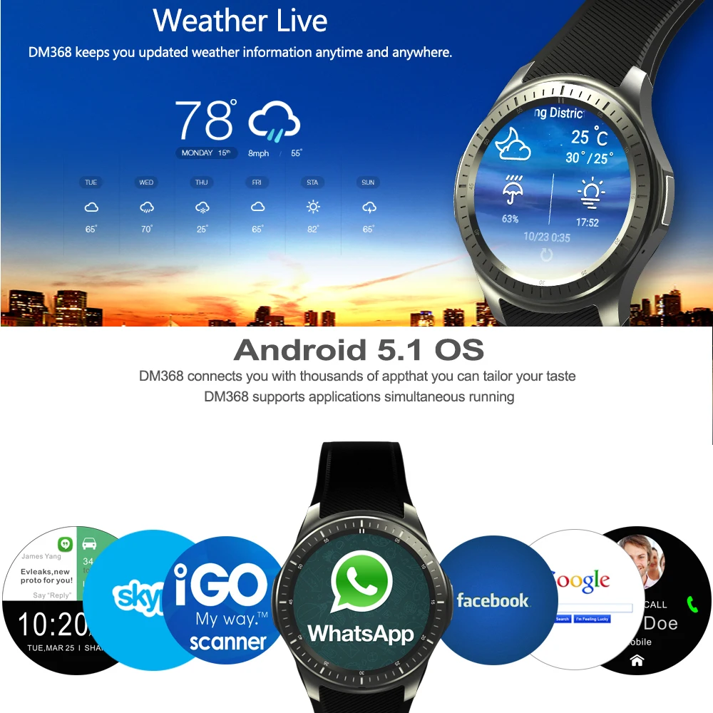 DM368 Смарт часы Andriod MTK6580 с sim картой 3G телефон WiFi GPS трекер сердечного ритма монитор