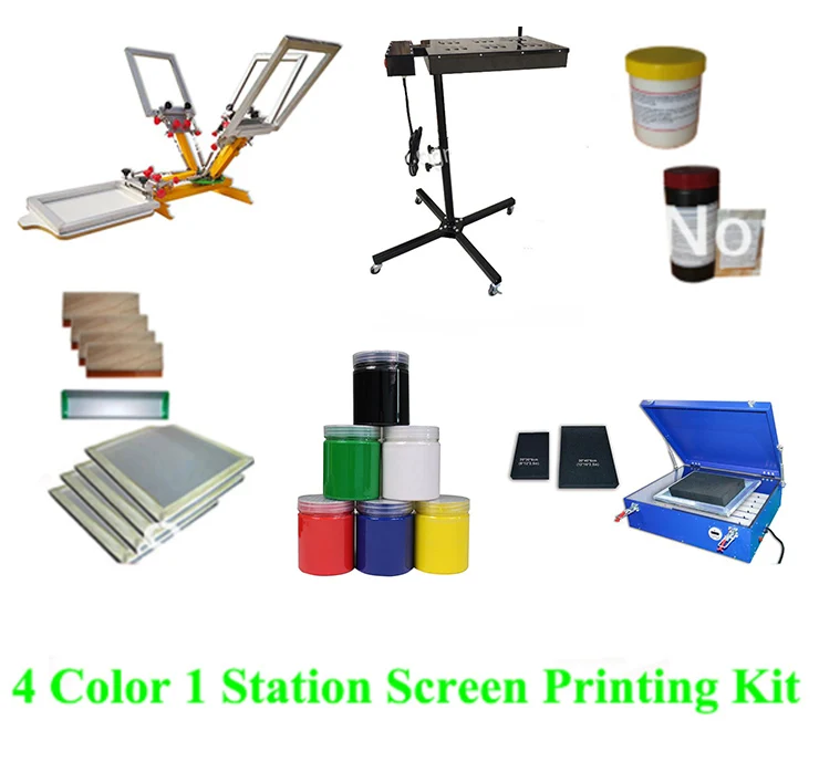

FREE shipping Full set 4 color silk screen printing kit ink emulsion t-shirt printer press equipment UV exposure squeegee