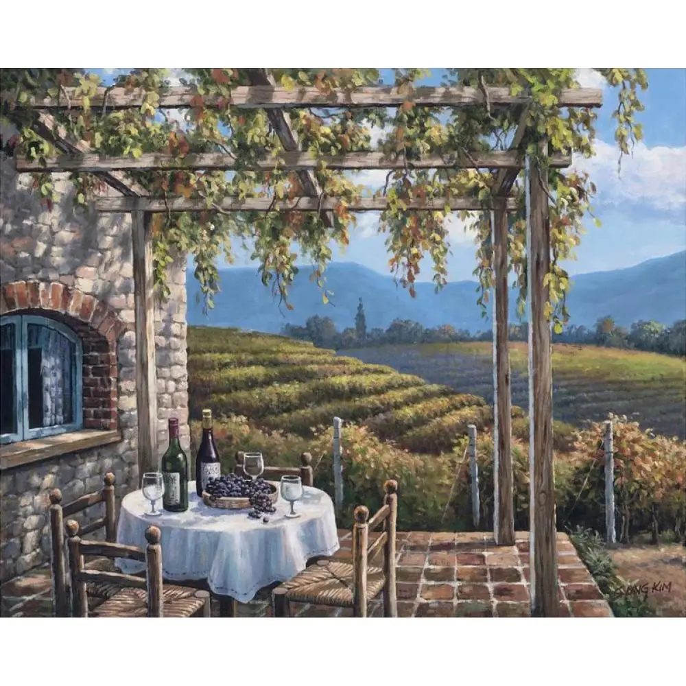 Wall art oil painting Vineyard Terrace Village Italian landscape garden pictures handmade artwork for living room | Дом и сад