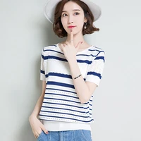 2021 summer women tops pullover striped short sleeve ladies fashion yellow cool pull femme hiver new arrival jumper knitwear