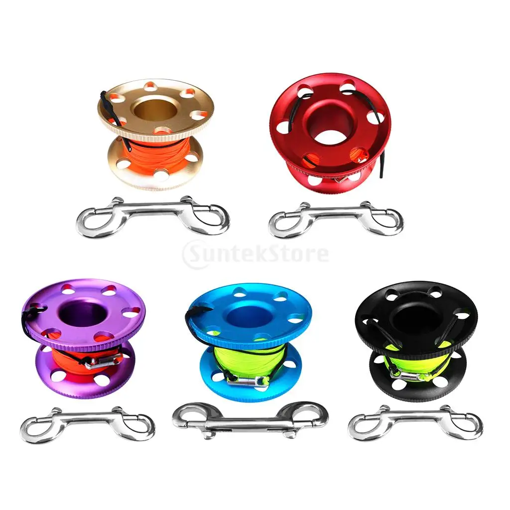 

Scuba Diving Aluminum Alloy Finger Spool Guide Line Reel + 30m High Visibility Line & 10cm Stainless Steel Double End Bolt Snap