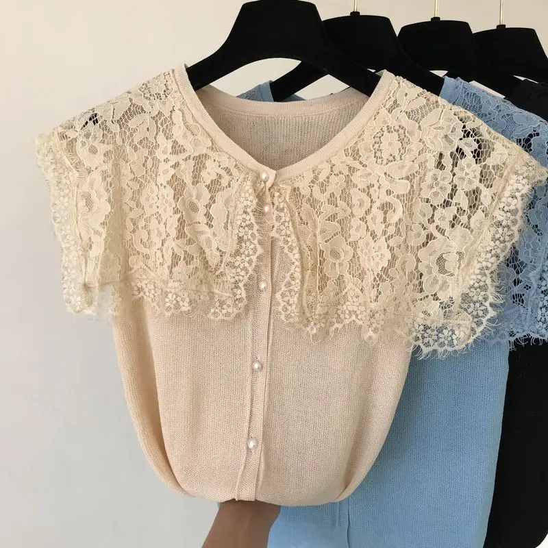 ALPHALMODA 2019 Summer New Women's Knit Lace Collar Cardigans Single Breasted Patchwork Ladies Sweet Casual Outfit |