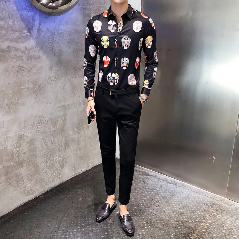 Рубашка мужская с принтом в китайском стиле приталенная длинным рукавом