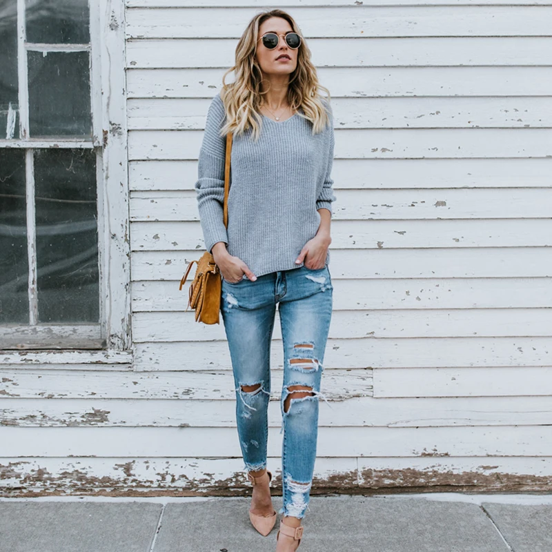 Women Sexy Backless Sweaters V-Neck Bandage Long-Sleeve Knitted Pullovers Female Casual Loose Oversize Korean Style Top | Женская одежда