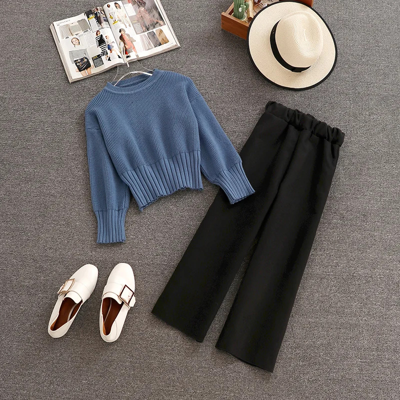 Новая мода осень зима 2 шт Наборы женский короткий свитер + шерстяные брюки костюмы элегантный пуловер Топы и