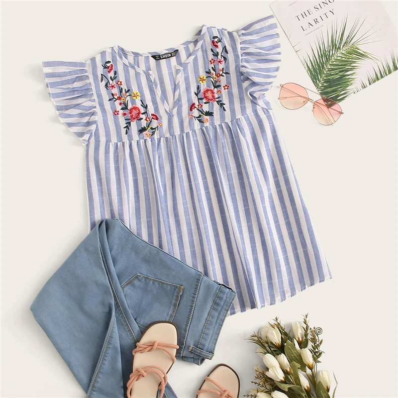 Dotfashion женская блузка с v-образным вырезом и рюшами, пройма с цветочной вышивкой, летний топ, модные блузки для женщин, топы в синюю полоску