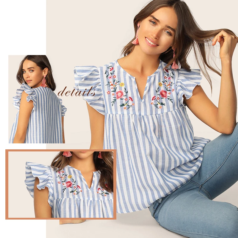 Dotfashion женская блузка с v-образным вырезом и рюшами, пройма с цветочной вышивкой, летний топ, модные блузки для женщин, топы в синюю полоску
