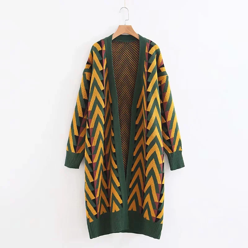 Women Autumn Green Long Cardigan 2018 Womens Boho Argyle Print Warm Winter Sweaters Female Knitted Sweater Tops pull hiver femme |